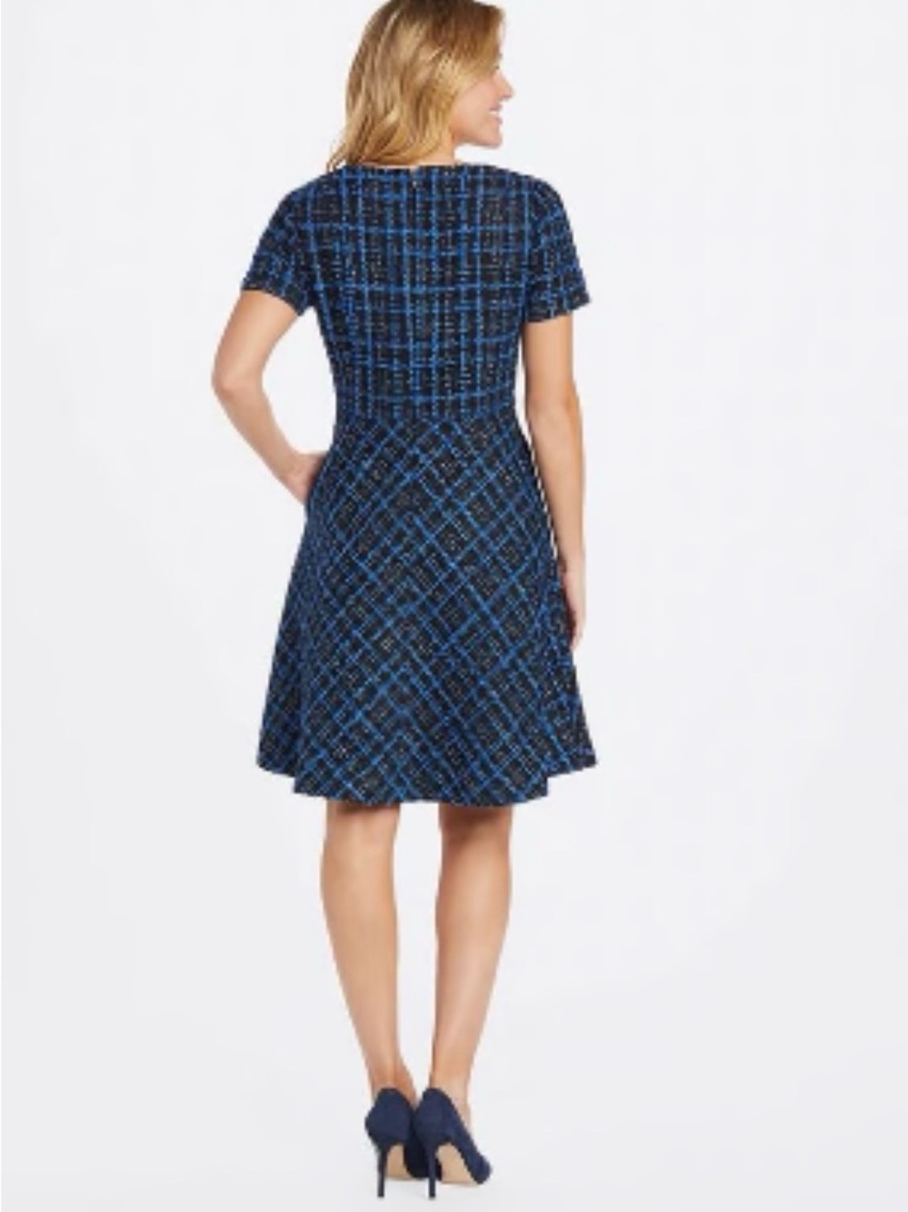 Draper James Blue and Black Tweed Plaid Short-Sleeve A-Line Dress